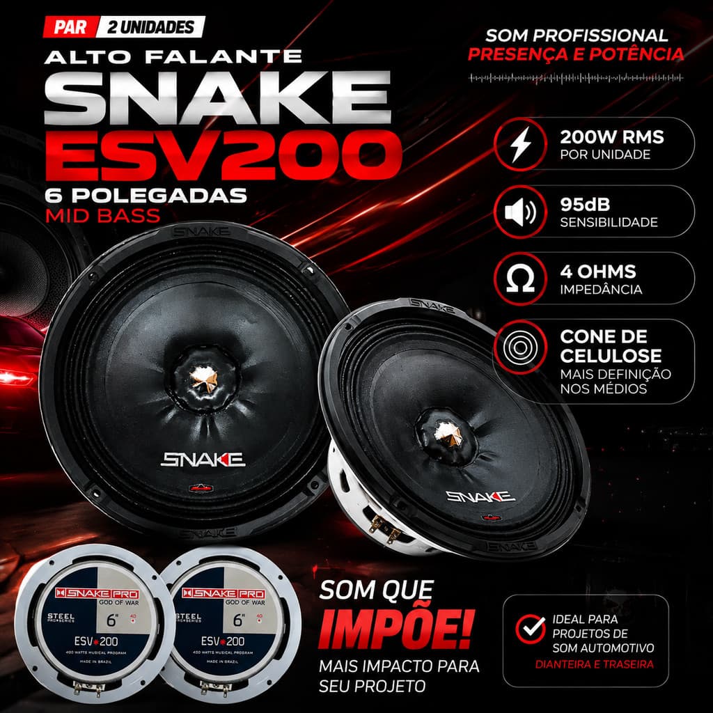 Par Alto Falante Snake ESV200 6 Polegadas 400W RMS 4 Ohms Mid Bass Som Automotivo Carro Caminhonete Porta Malas Projetos