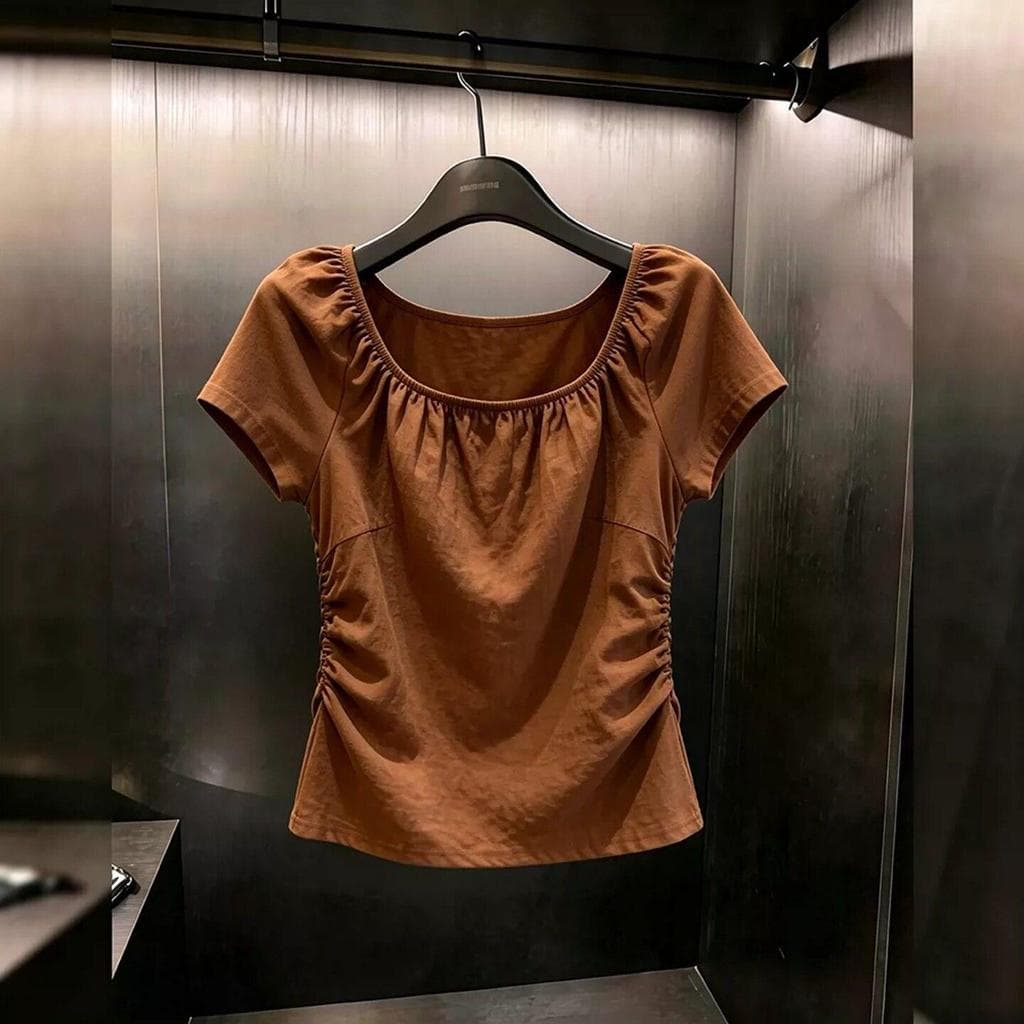 [Venda com desconto por tempo limitado] Camiseta leve madura elegante estilo gola quadrada plissada de manga curta, verã