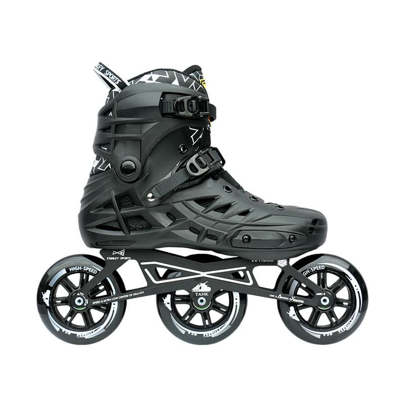Patins grandes de três rodas, patins de velocidade de corrida, patins de fileira única, anúncio preto