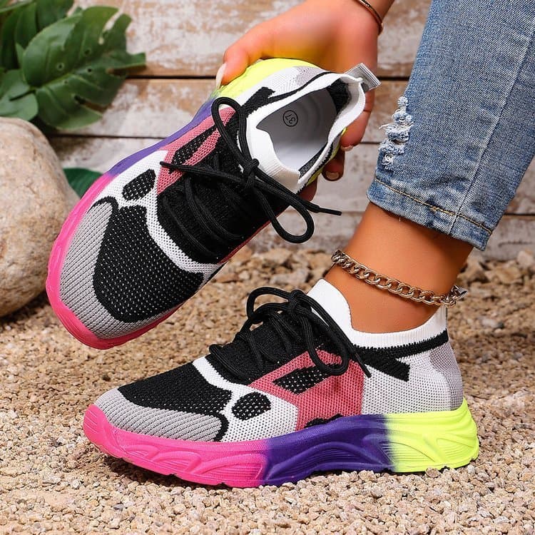 Tênis feminino Macaron com cores combinando, sapatos papai com sola grossa gradiente arco-íris