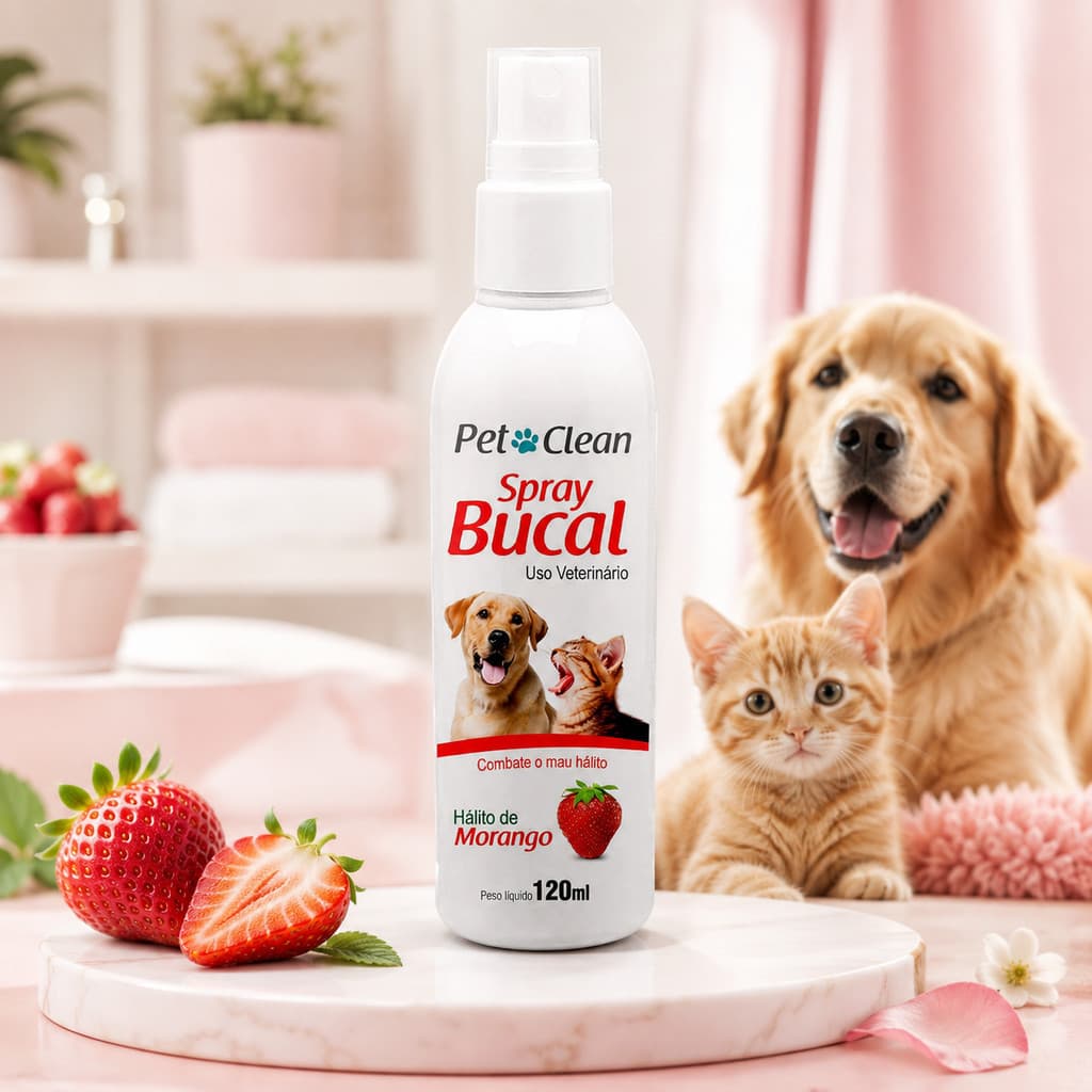 Spray Para Hálito Cães e Gatos Spray Bucal Anti Hálito Para Pet Cachorro Gato Morango 120ml