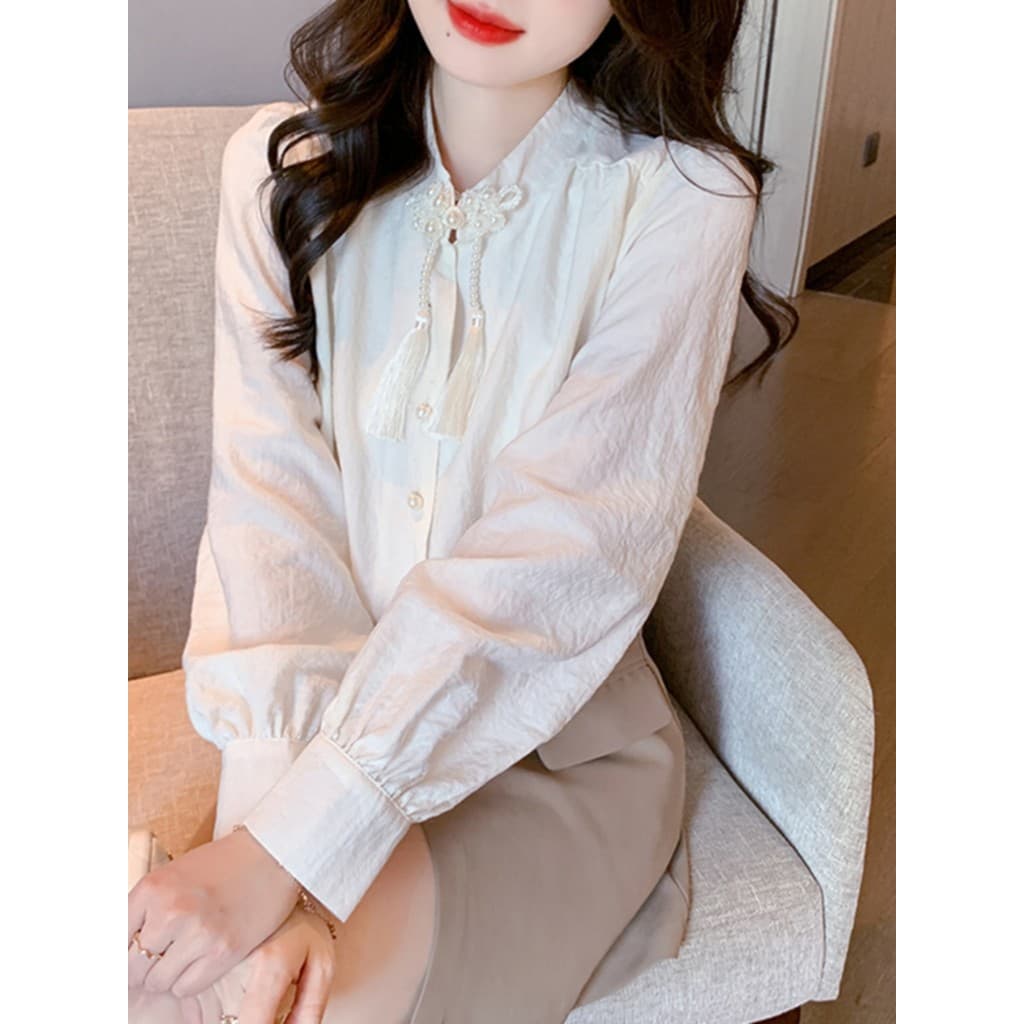 Novo estilo chinês linda camisa de Chiffon com franjas com saia de veludo Top feminino primavera outono estilo chinês re
