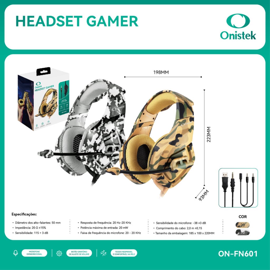 Headset Gamer Camuflado Onistek ON-FN601 com Fio Controle de Volume USB e P2