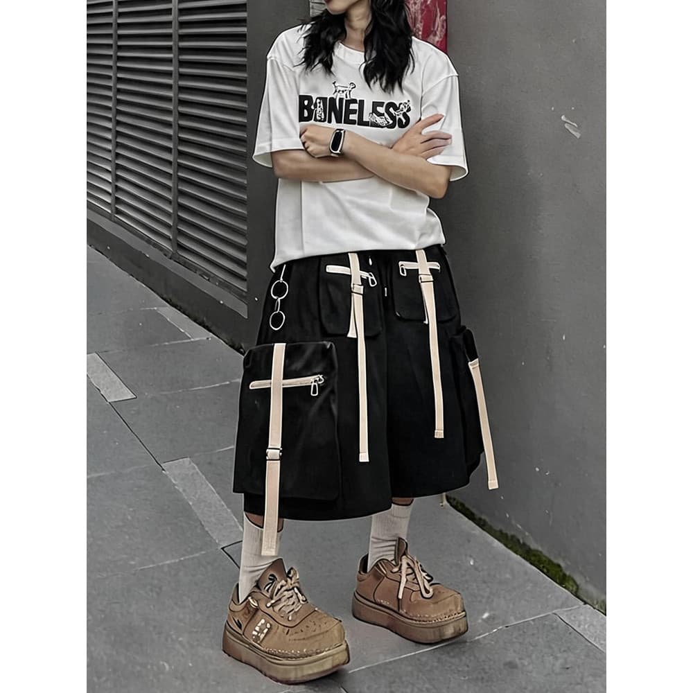 UUCSCC Hip-Hop Street Wear Calças cortadas com vários bolsos e pernas largas japonesas soltas casuais