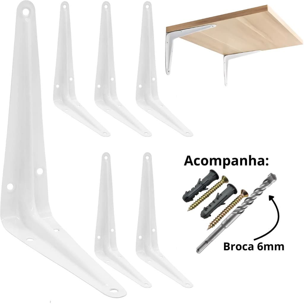 Kit Suportes Mão Francesa 10x12/15x20/20x25cm Para Prateleira Tábua Cantoneira Reforçada Branca BBP