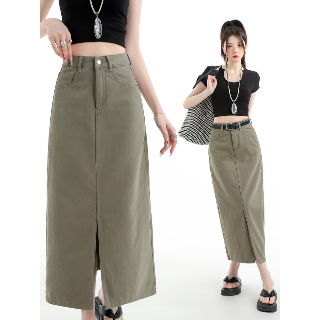 Saia jeans com fenda frontal verde militar, comprimento médio, cintura alta, aparência mais fina, linha A, confortável,