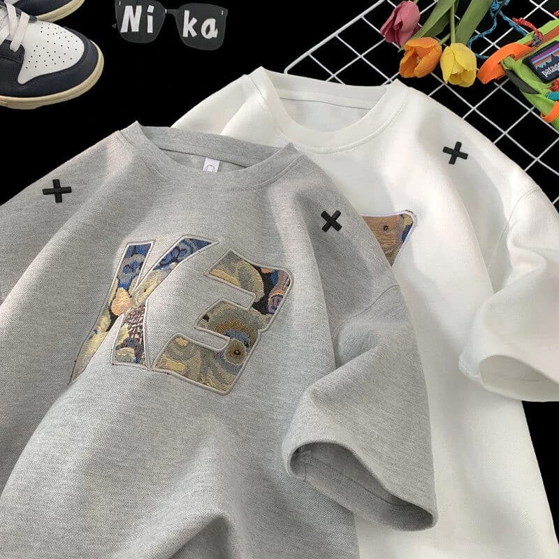 Americano remendo bordado de manga curta camiseta masculina verão Street Wear rufião bonito Design esportes topo pesado