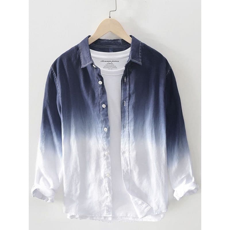 Verão fino gradiente estilo chinês protetor solar camisa de linho de seda gelo masculina de manga comprida solta Casual