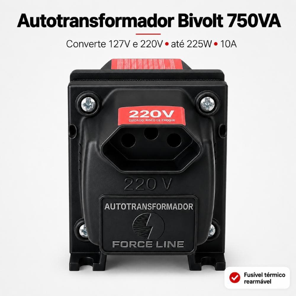 Auto Transformador 750VA Tomadas Bivolt 110v para 220v Carregador Computador Notebook Ventilador Impressora Force Line