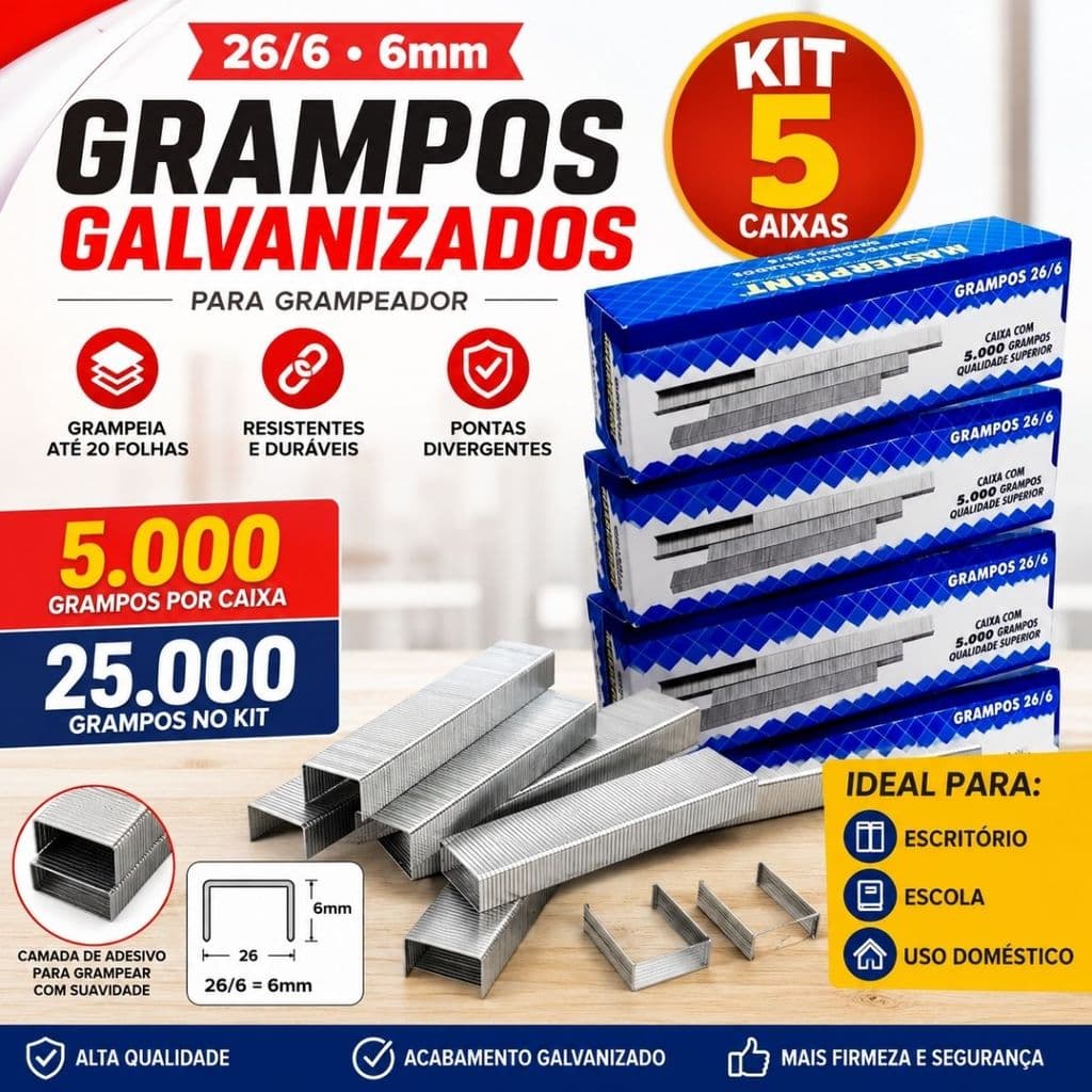 Kit 5 Caixas Grampos Galvanizados 26/6 6mm Para Grampeador 25.000 Grampos Alta Qualidade Escritório Escola