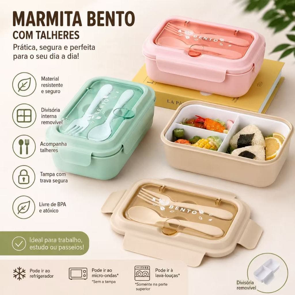 饭盒M08   Marmita Bento com Divisória Removível + Colher e Garfo | 3 Cores Disponíveis