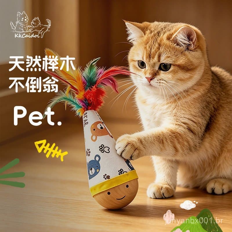 Varinha de brinquedo para gatos em madeira de faia natural com decoração de penas, resistente a arranhões e mordidas, jo