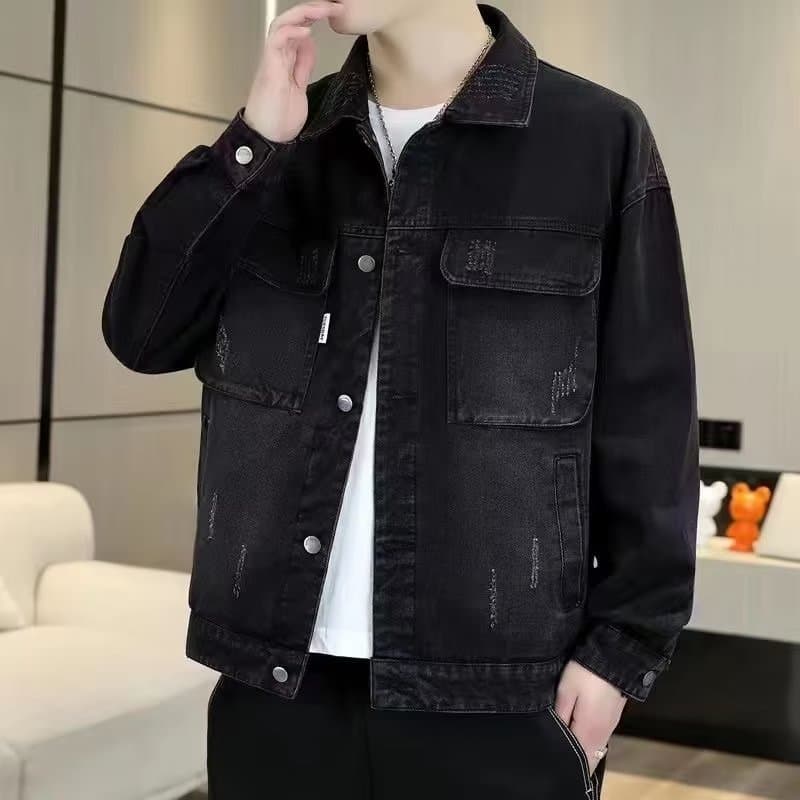 Jaqueta jeans preta masculina macacão jaqueta outono coreano Casual jaqueta jeans na moda