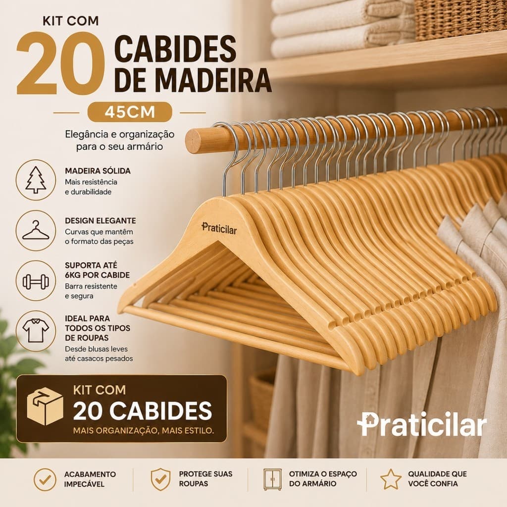 Kit com 20 Cabides de Madeira Para Armário Organização de Roupas Loja Quarto