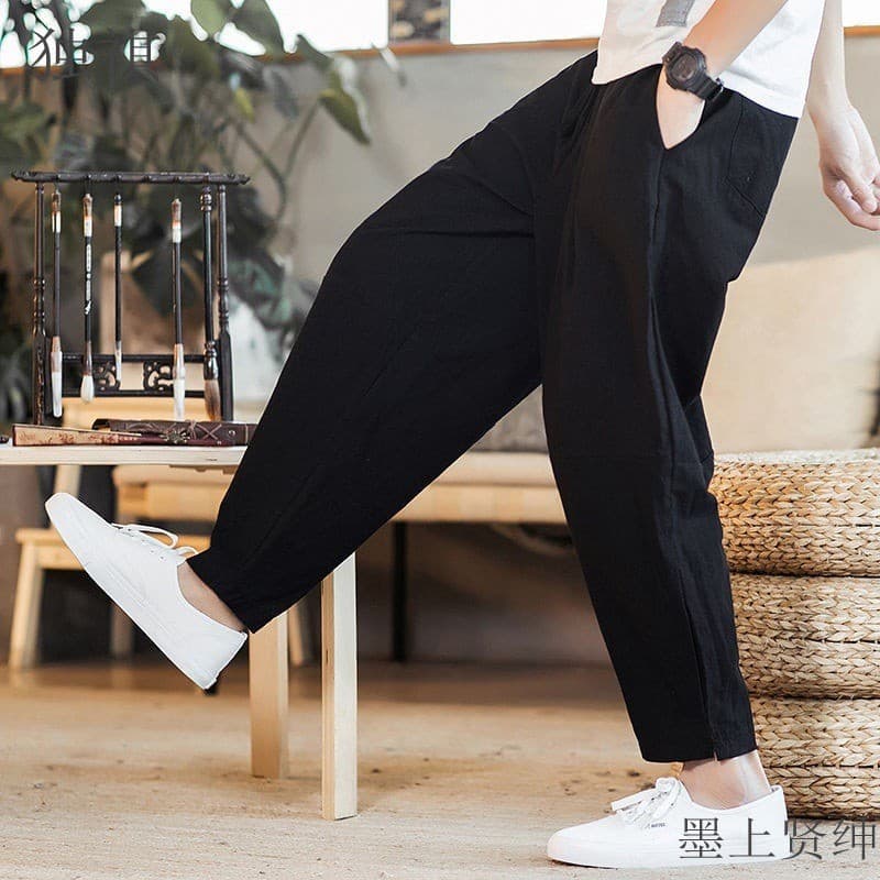 Estilo chinês primavera outono masculino solto tamanho grande perna larga algodão calças casuais na moda cor sólida lant