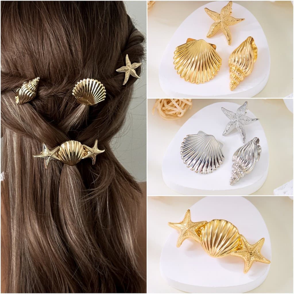 Xue Yin |         Estrelas-do-mar, conchas, presilhas de cabelo douradas e prateadas – acessórios elegantes de verã
