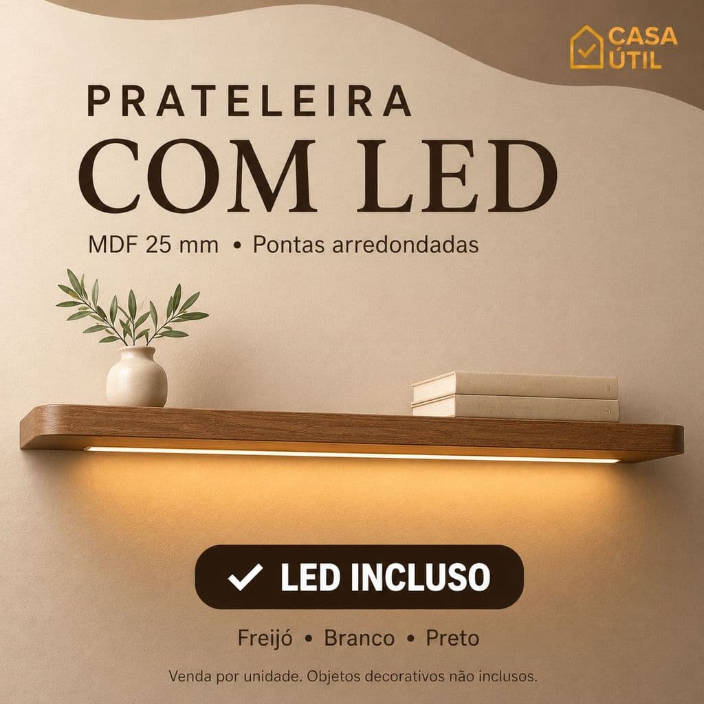 Prateleira PONTAS ARREDONDADAS COM LED MDF 25mm com Suporte Invisível Diversas Medidas Sala Quarto Cozinha