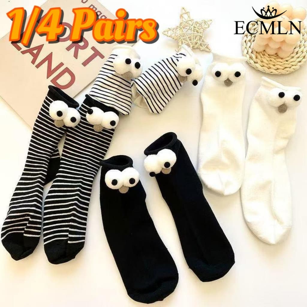 ECMLN 1/4 Pares Mulheres 3D Big-Eye Mid-Calf Meias Bonito Preto Branco Listrado Japonês Rolado Versátil Pacote De