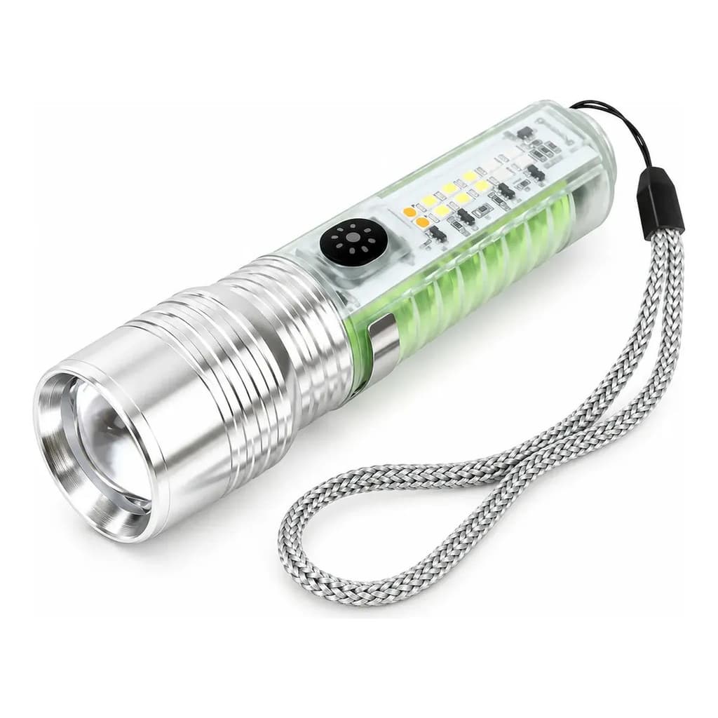 Lanterna LED Recarregável 4 Modos Branco Vermelho Azul UV SOS Emergência Camping Bike Sinalização