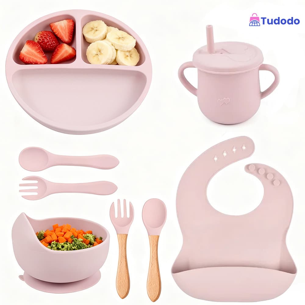 8件套Talheres do Bebê Conjunto 8Pcs Prato De Jantar De Silicone Para Bebês Com Tigela De ventosa Sippy Cup Bibs Colher