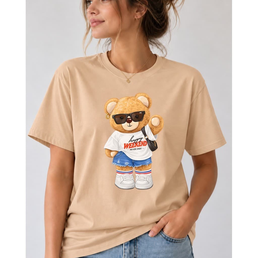 Camiseta Feminina 100% Algodão Ursinho Fashion Happy Weekend Camisa Estilosa Moda