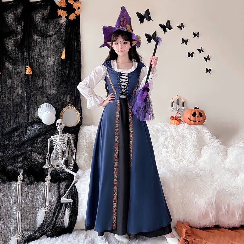 Halloween bruxa traje mágico europeu americano pescoço quadrado vestido longo espartilho Medieval Retro estilo palácio t