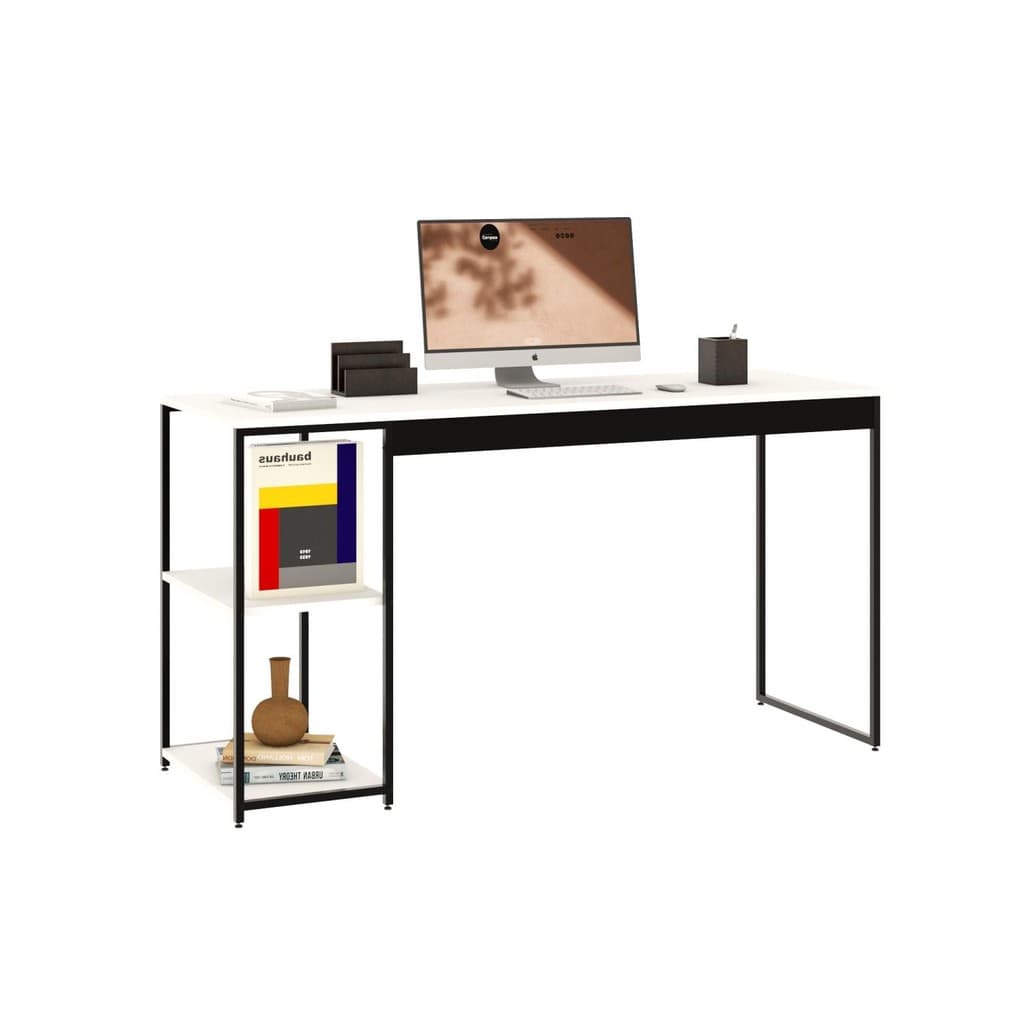 Mesa c/Estante Baixa c/02 Prateleiras Tub 135cm Branco Chess - Est.Preta
