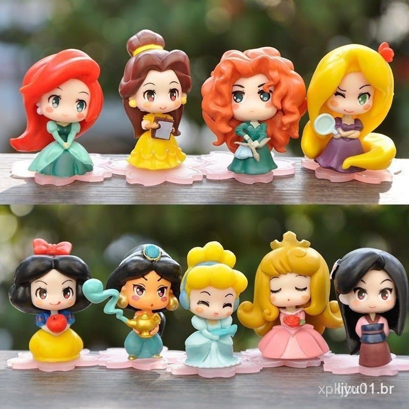 9Pcs/Conjunto Versão Q Figura de Princesa Pequena Branca de Neve Cinderela Mulan Jasmine Boneca Decoração Anime Modelo B