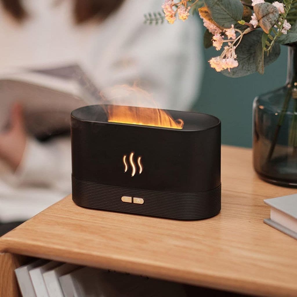 Umidificador de Chama com Difusor de Óleo Essencial e Luz LED Colorida de 7 Cores, Efeito de Chama