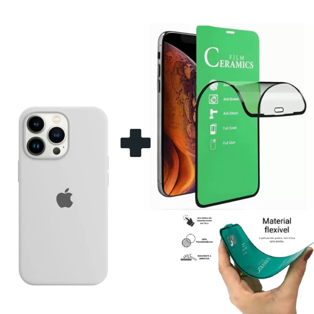 Kit 2 em 1 Case Branca + Película Cerâmica Compatível iPhone XS 11 12 13 14 15 Premium candy