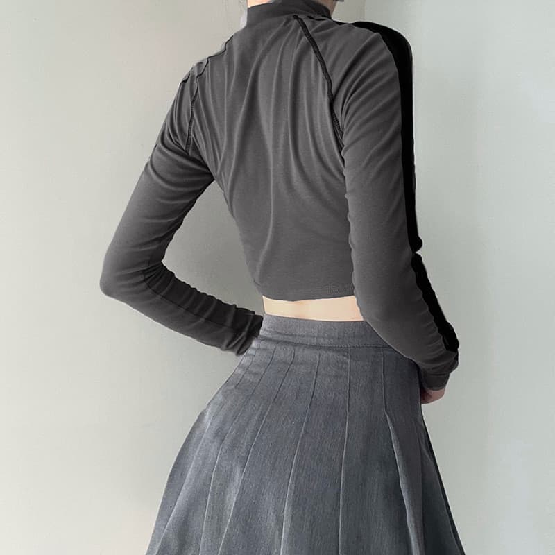INS europeu americano rua na moda moda cor combinando quente menina estilo motocicleta camiseta costura Irregular curto