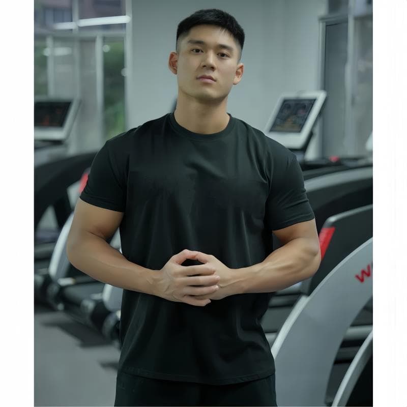 Verão masculino Casual esportes de manga curta treinamento de Fitness solto respirável pequeno decote punhos meia manga