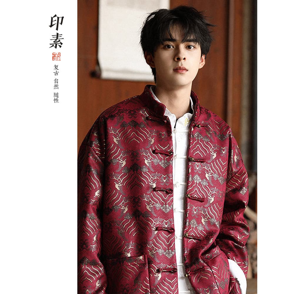Tang terno outono estilo chinês masculino Wear brocado padrão de água do mar casal topo masculino estilo chinês gola jaq