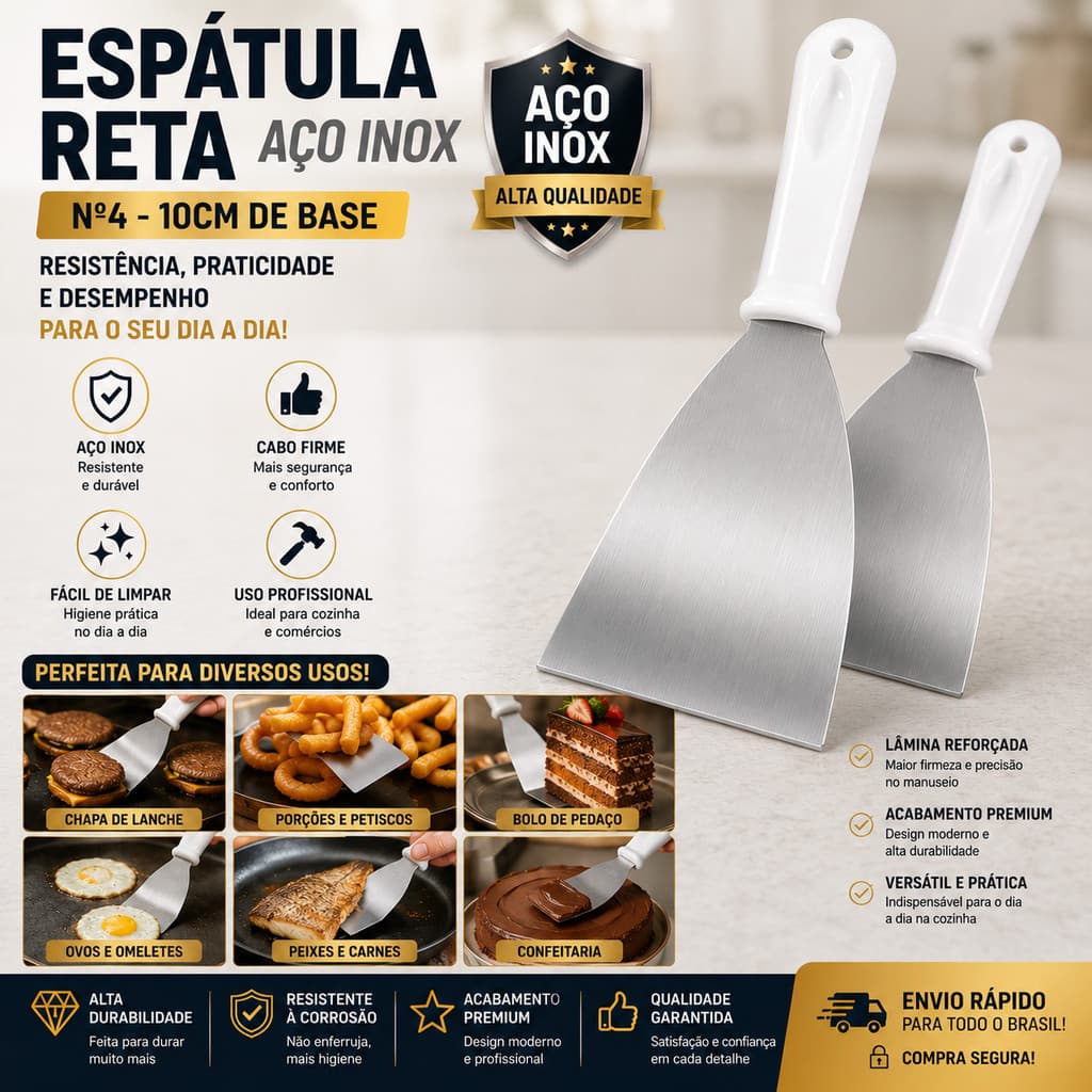 01 ou 02 Espátula Reta N°4 10CM em Inox Para Chapeiro Profissional Hamburguer Lanches Lanchonete Cozinha