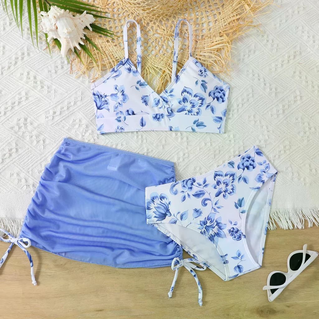 Meninas 3 Peças Biquinis Com Saia Maiô Para Crianças Roupa De Banho Floral Impresso Banhistas Das Natação Beachwear