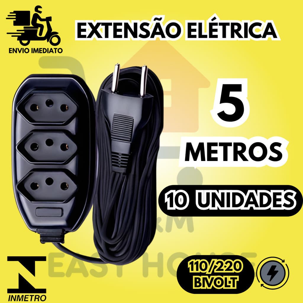 Kit 10 Extensão Elétrica 5 Metros 3 Tomadas Bivolt 110v 220v Ideal Para Alexa, TV, PC Cabo 5 Metros