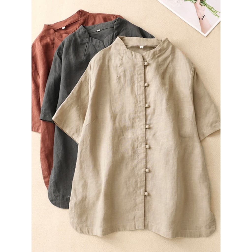 Zimo Qinghe ~ estilo chinês gola alta camisa de linho feminina manga curta botão Zen roupas de chá camisa pequena temper