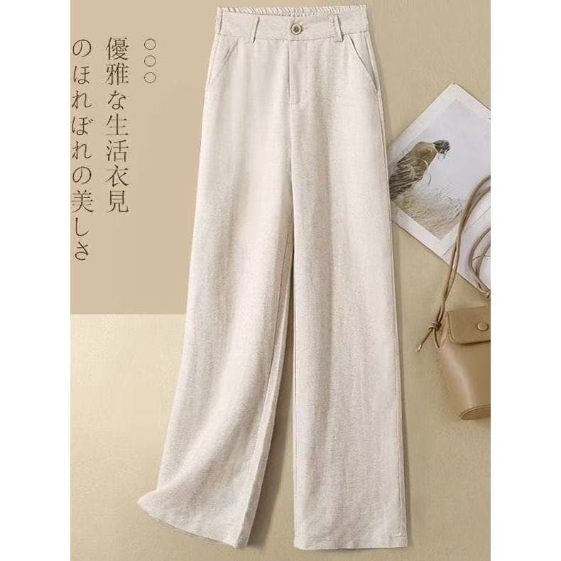 High-End algodão linho reto calças de perna larga feminina primavera verão cintura alta solta mais magro olhar Drape lin