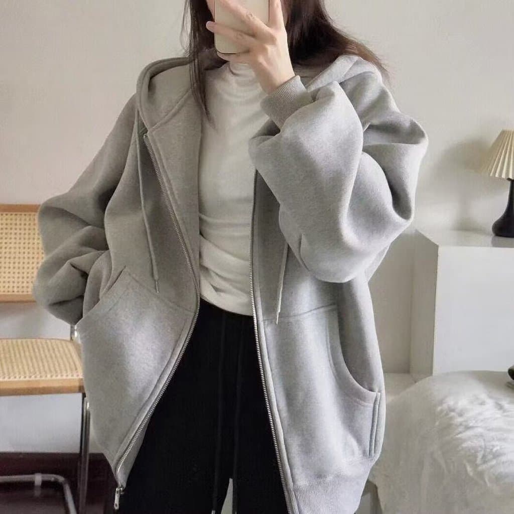 Jaqueta feminina masculina outono inverno estilo zíper moletom 2026 na moda com capuz cor sólida cordão All-Match forro