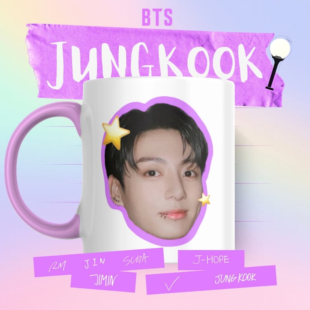 Caneca Xicara Porcelana 325ml BTS Army OT7 Jungkook Carinhas Personalizada Presente Decoração
