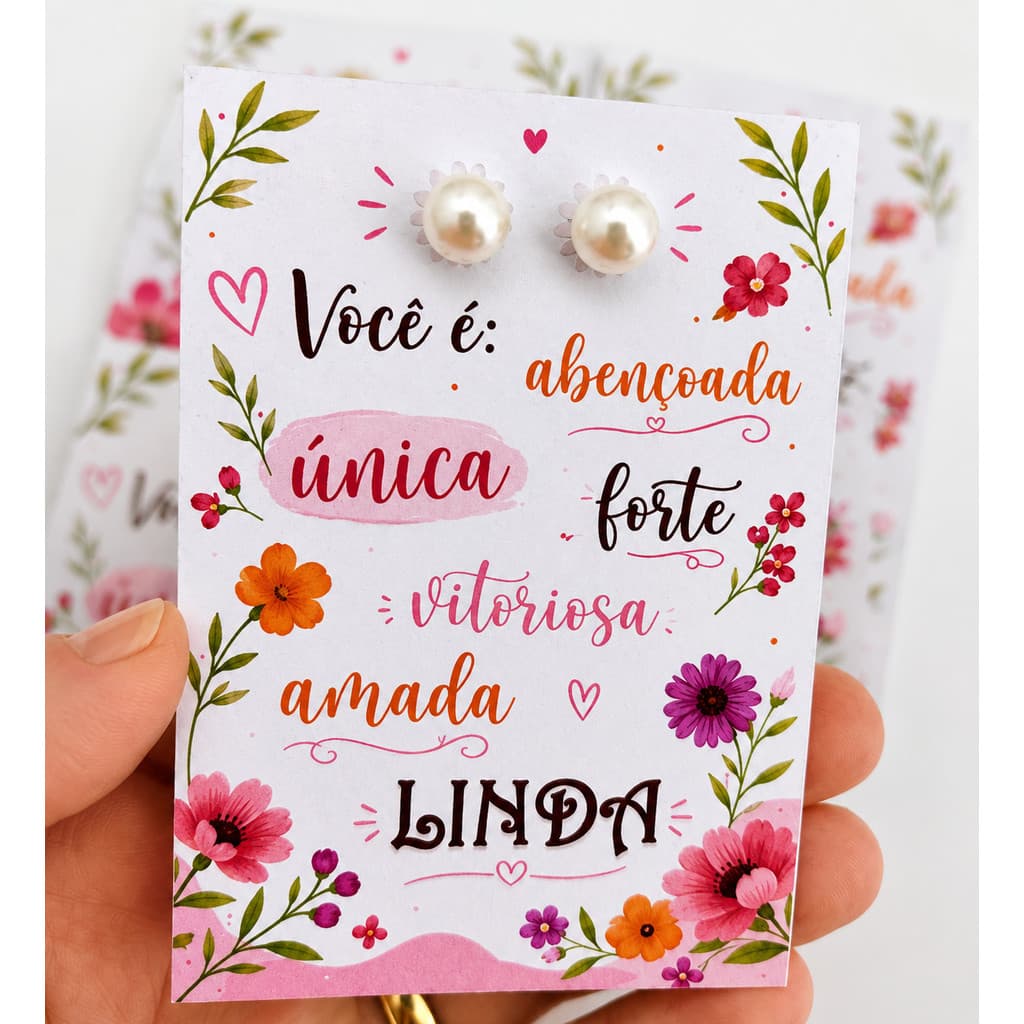 Cartão Mimo + Par de Brincos de Pérola | Presente Delicado para Mulheres | Cartela Porta Brincos 9x6 cm
