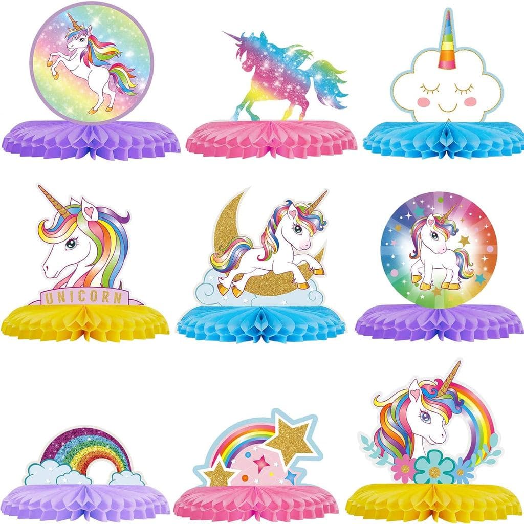 Sumind 9 Peças de Decorações de Mesa em Forma de Favo de Mel de Unicórnio Arco-Íris para Festas, Suprimentos para Aniver