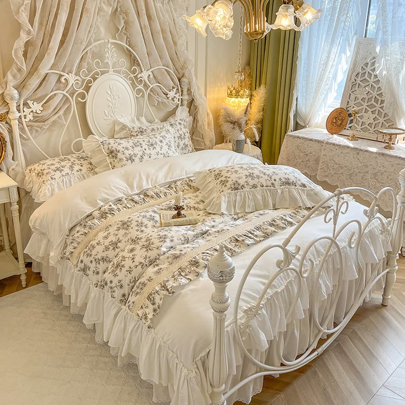 Estilo princesa francesa 100% algodão saia de cama estilo quatro peças conjunto puro algodão folha lótus renda colcha ca