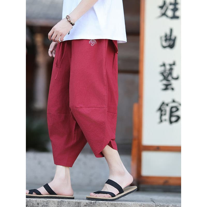 Calças cortadas de linho fino de verão calças de praia soltas masculinas Plus Size calças masculinas estilo chinês algod