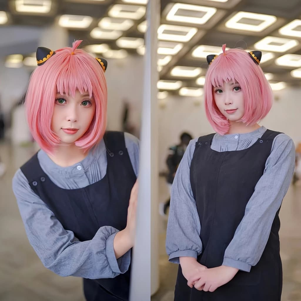 Pronto estoque COS Anime Spy Play House Peruca Arnia Fojie Rosa Bob Cabeça Fibra Química Capacete Completo