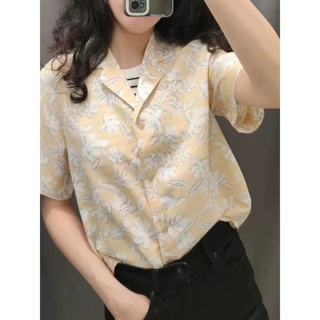 2024 primavera verão estilo japonês único algodão linho mistura impressa meia gola aberta camisa Casual de manga curta e