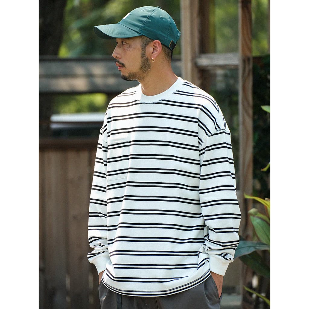 Japonês Retro listrado contraste cor camiseta das mulheres dos homens primavera outono bolso em torno do pescoço camisa