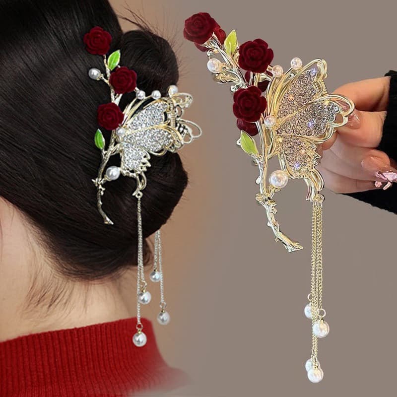 Grampo De Ano Novo Rhinestone Rosa Vermelha Tassel Metal Temperamento