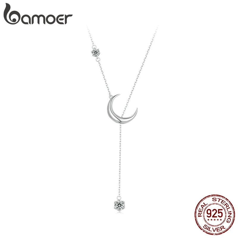 Colar em Forma de Y com Lua em Prata Esterlina 925 Bamoer, Joia com Zircônia Brilhante, Presente para Mulheres T4TA