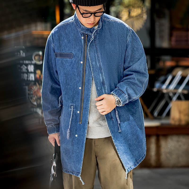 Ferramentas modernas Retro americano M65 denim Fishtail blusão perfil solto jaqueta de comprimento médio masculino outon